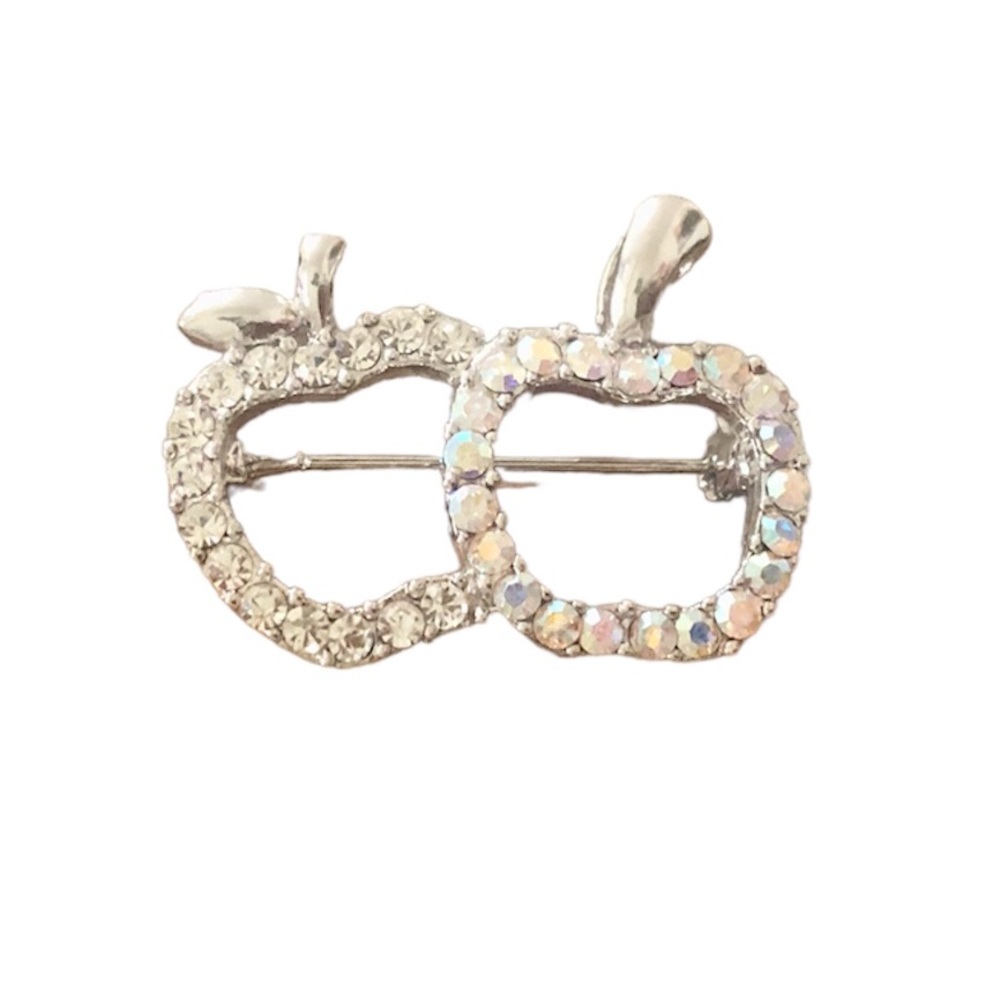 Silver double apple broach with pave crystals